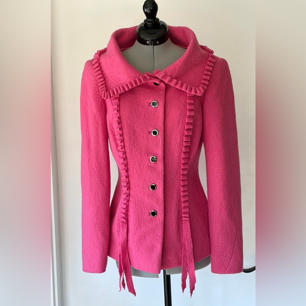Peggy Jennings VTG felted wool jacket, ribbon-style trim, silk lined, pink, XS - Picture 15 of 17